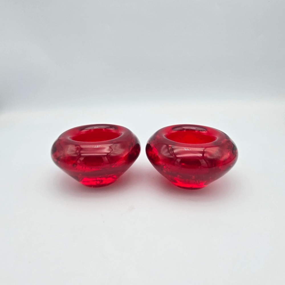 Vintage Ruby Red Glass Controlled Bubbles Tealight Candle Holders Pair UV Glow